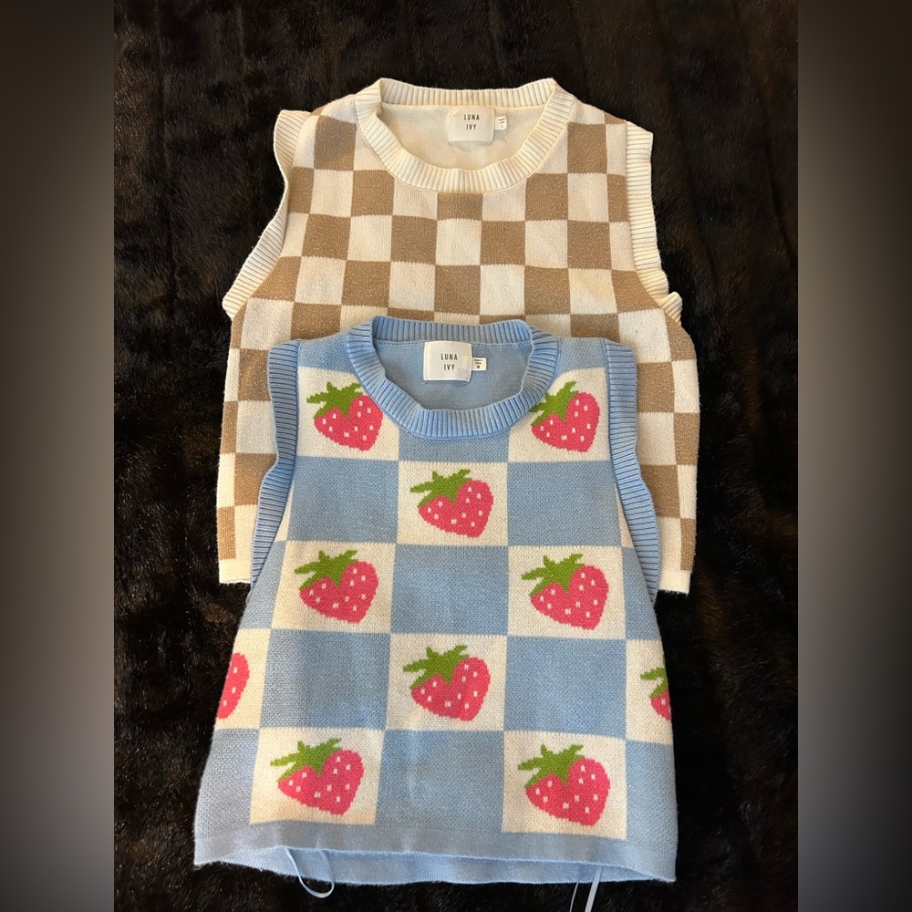 Luna Ivy Sweater Vest Bundle— Checkerboard + 🍓 Strawberry Checkers Knit Size M-L